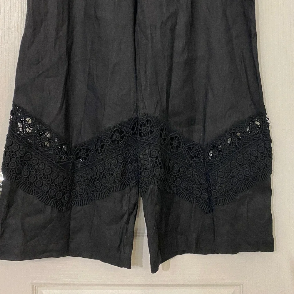 Susan Graver Black Wide Leg Cropped Pants Lace Trim Elastic Waist Women's 16 EUC - Picture 14 of 15